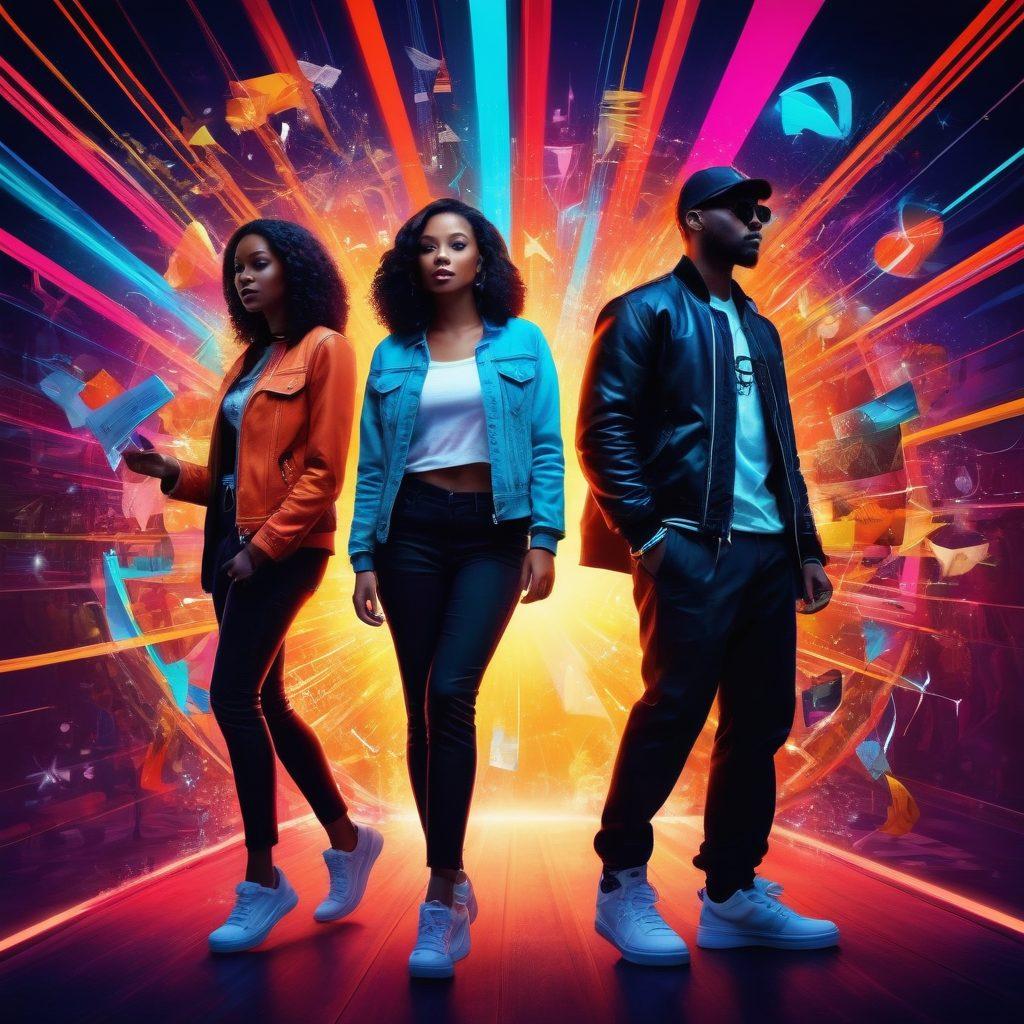 A vibrant collage of iconic pop culture symbols, including a film reel, music notes, and fashionable clothing items, intertwined with energetic silhouettes of diverse people enjoying entertainment. The background features a colorful burst of abstract shapes representing trends, with bright neon lights illuminating the scene. super-realistic. vibrant colors. dynamic composition.