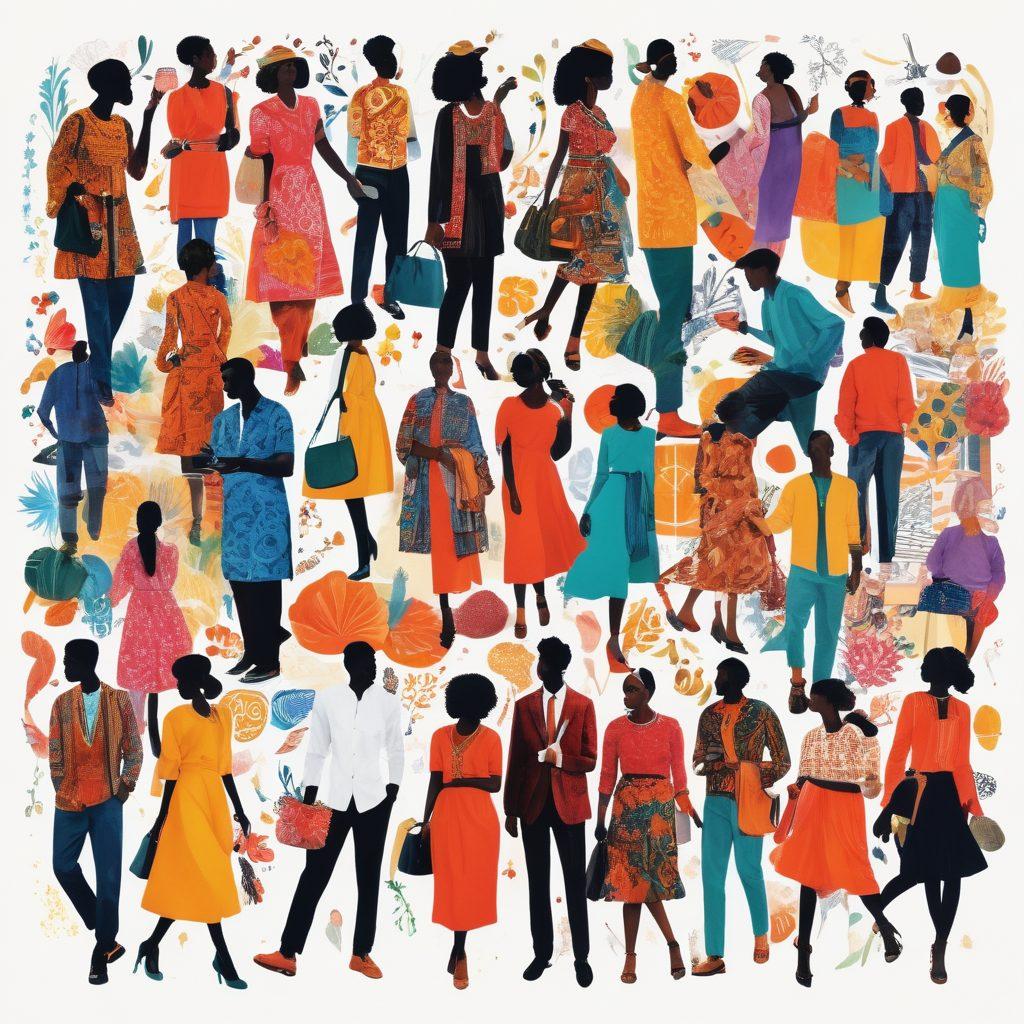 A vibrant collage showcasing diverse cultural elements like fashion, food, technology, and art, seamlessly blending traditional and modern influences. Include silhouettes of people from various backgrounds engaging with these trends in a lively urban space. Use bold colors to reflect the pulse of contemporary life, emphasizing an interconnected global society. abstract art. vibrant colors. white background.